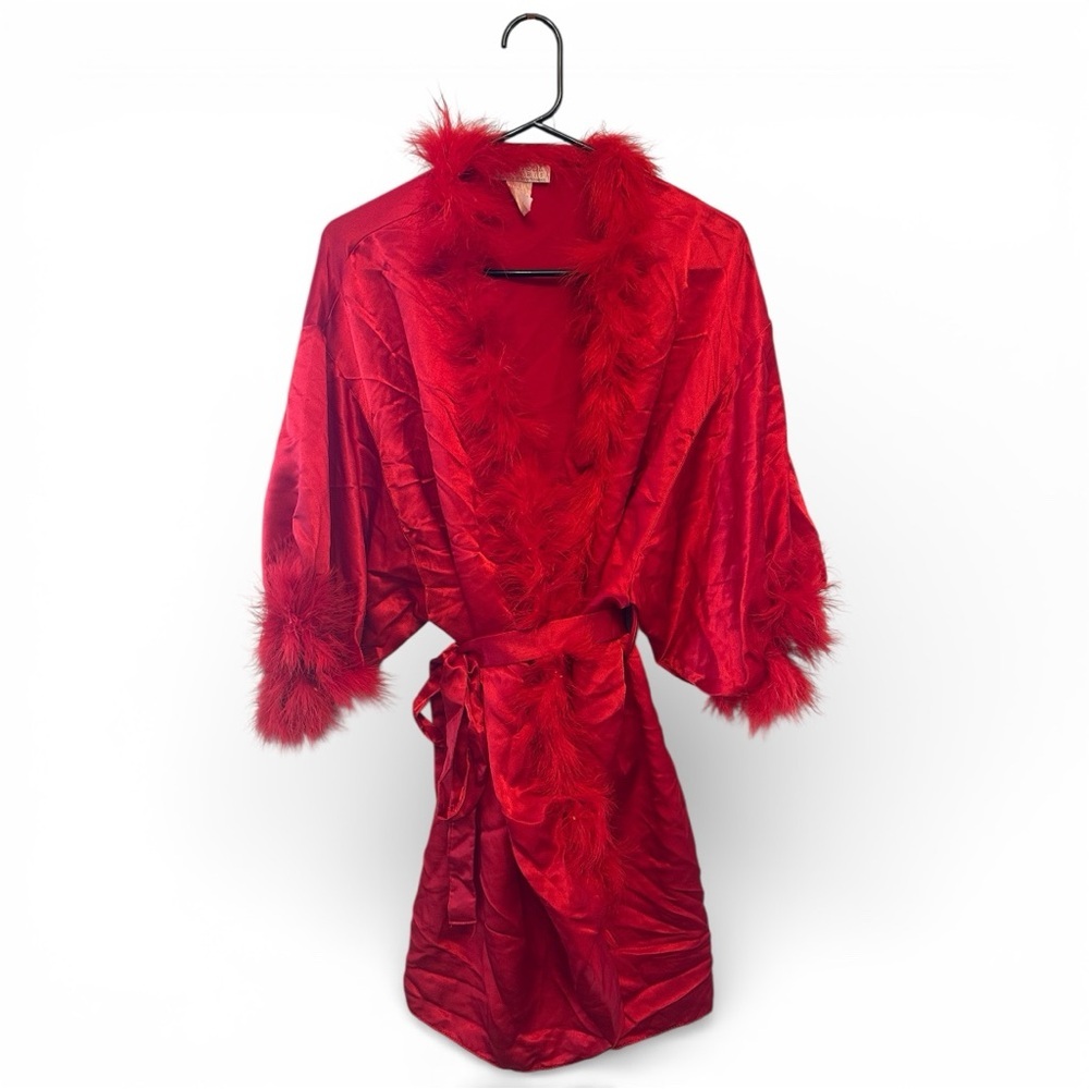 Vintage 90’s Val Mode Scarlet Tie Waist Feathered Robe 1X
